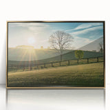 Acrylic print of a Kentucky landscape in muted earth tones, framed in gold, suitable for nursery wall art.