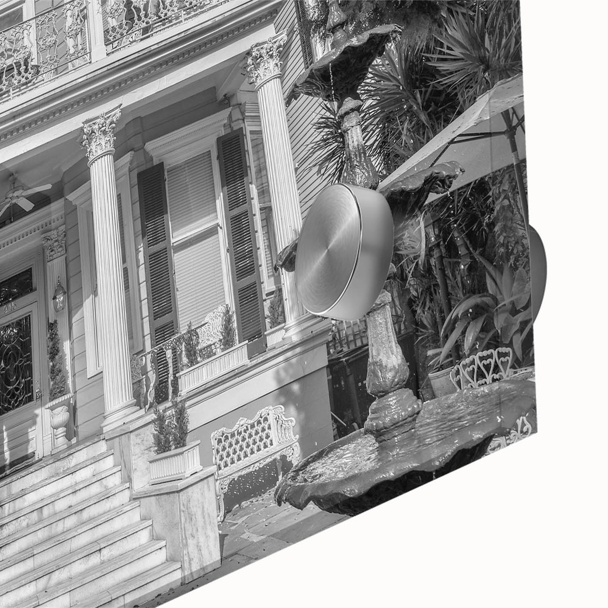 Large abstract wall art of New Orleans in muted colors on acrylic glass, suitable for dining room ambiance.
