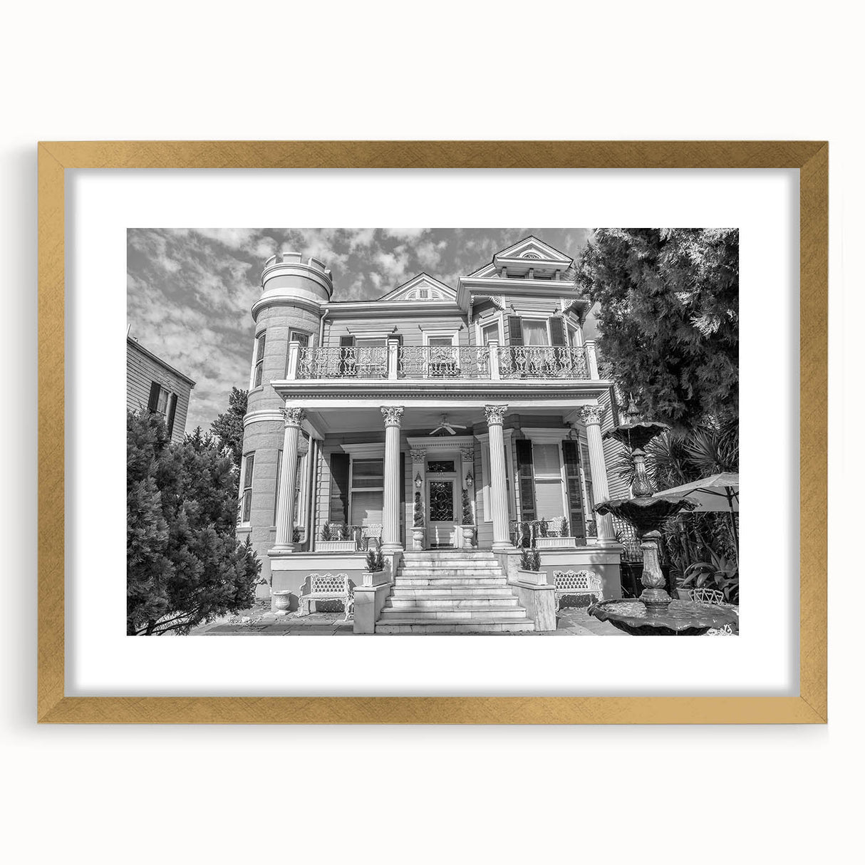 Extra large abstract art print of New Orleans scenery, with textured design in muted colors on a gold-framed canvas.