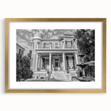 Extra large abstract art print of New Orleans scenery, with textured design in muted colors on a gold-framed canvas.
