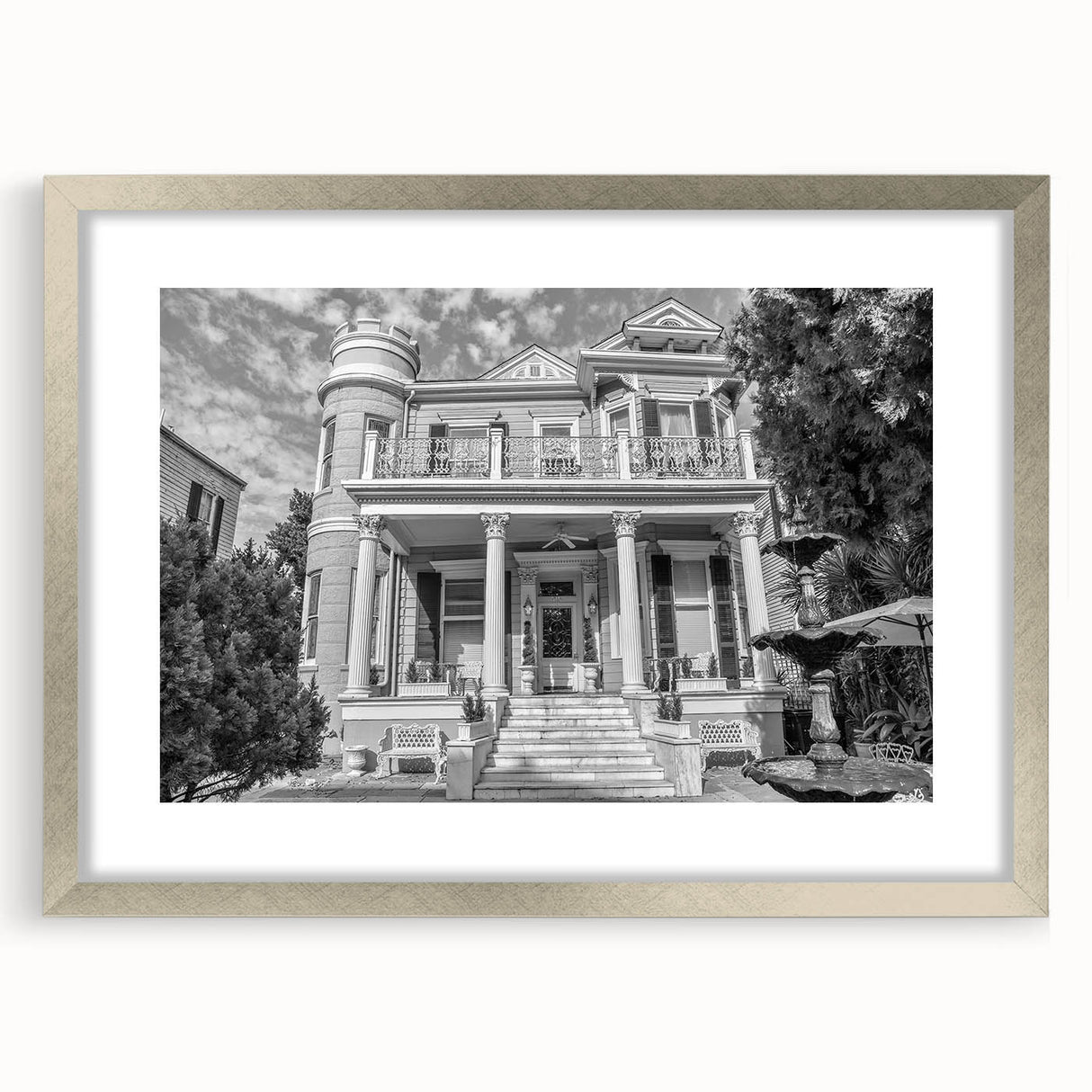 Textured art print of abstract New Orleans scenery in muted earth tones on a framed silver mat, ideal for bedroom wall decor.