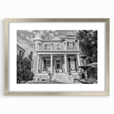 Textured art print of abstract New Orleans scenery in muted earth tones on a framed silver mat, ideal for bedroom wall decor.
