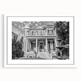 Abstract art print of New Orleans skyline in muted blue and gray tones on a framed white mat, suitable for dining room decor.