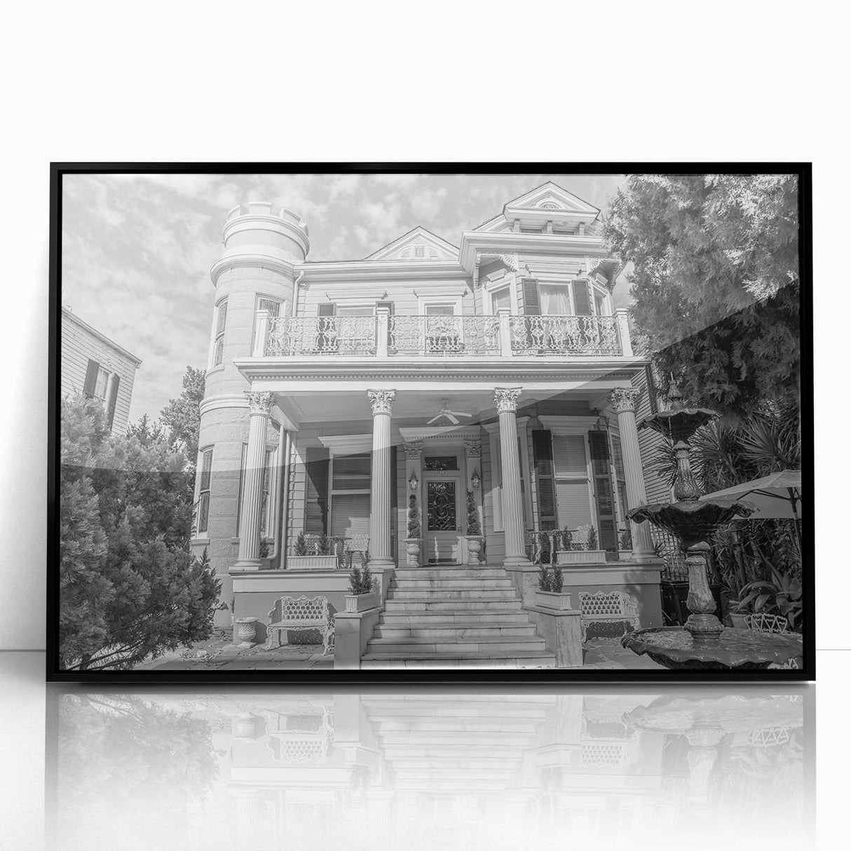 Large abstract wall art depicting a vibrant New Orleans scene in mid-century modernist style, framed in black acrylic.