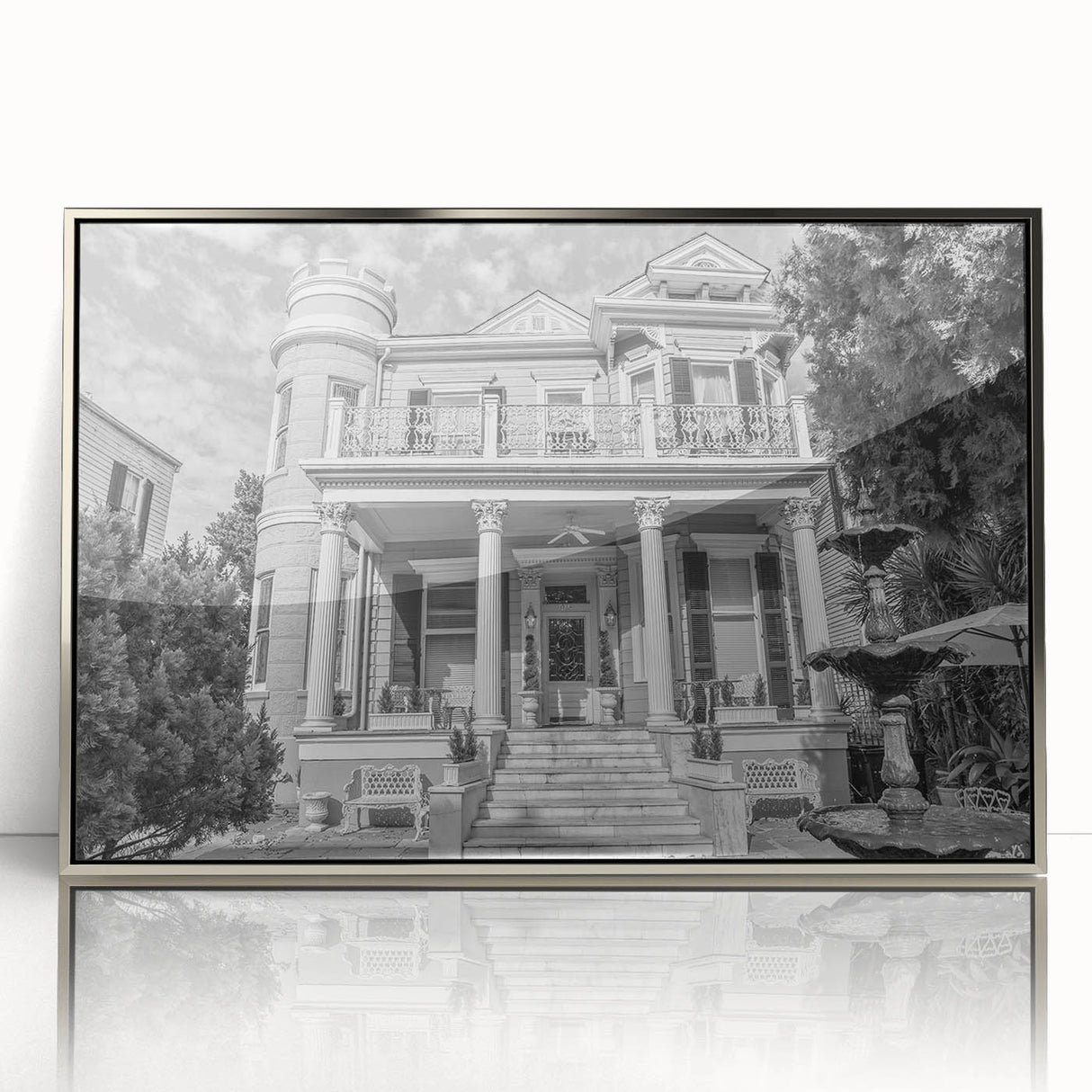 Mid-century modernist art of New Orleans skyline in muted gold and silver tones on a framed acrylic print.