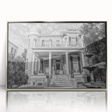 Mid-century modernist art of New Orleans skyline in muted gold and silver tones on a framed acrylic print.