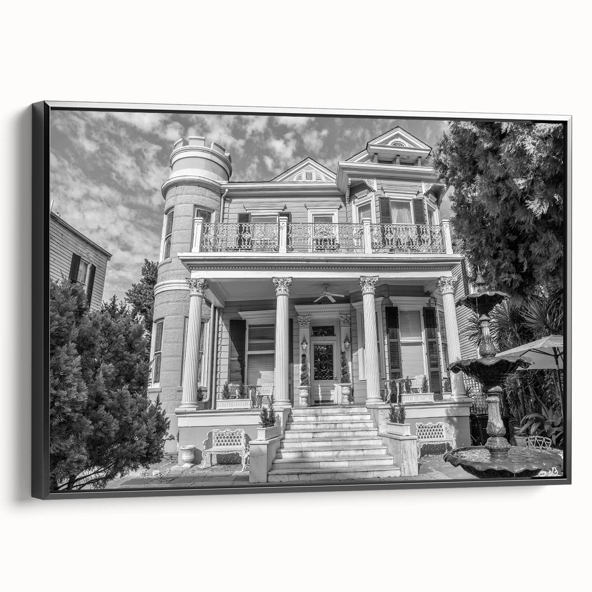 Black and white framed canvas of New Orleans landscape, ideal for bedroom wall art.