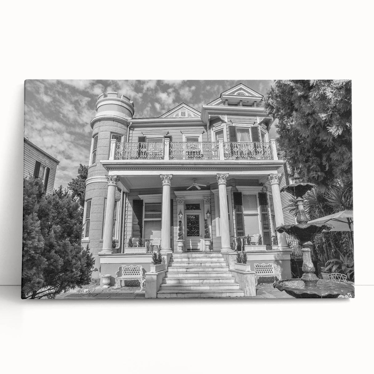 Black and white large art of New Orleans scenery on stretched canvas, ideal for kitchen wall art or bedroom ambiance.