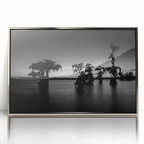 Mid-century modernist art depicting Louisiana scenery in silver framed acrylic, suitable for nursery wall decor.