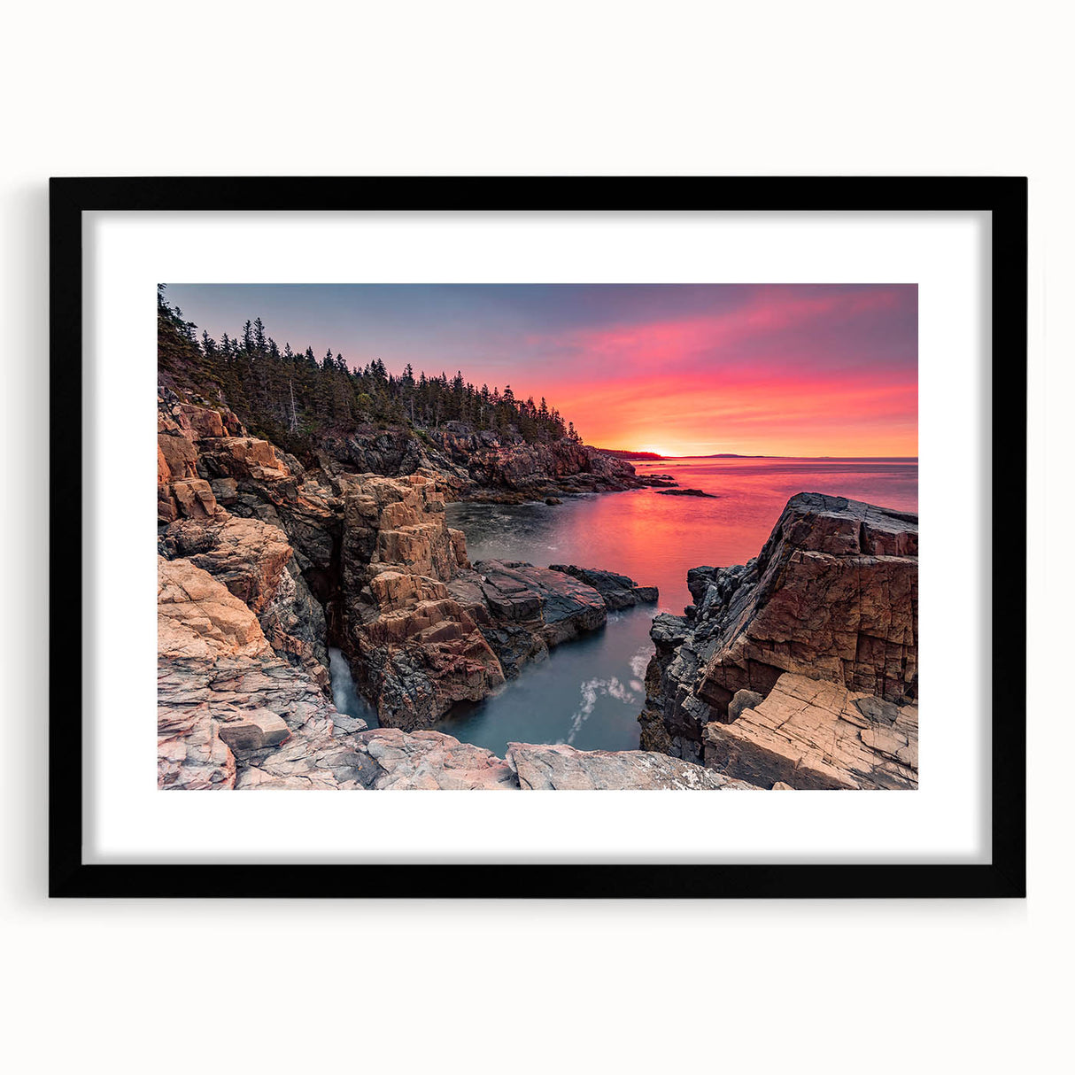 Extra large wall art depicting a textured abstract scene of Acadia, Maine in muted earth tones, framed in black.