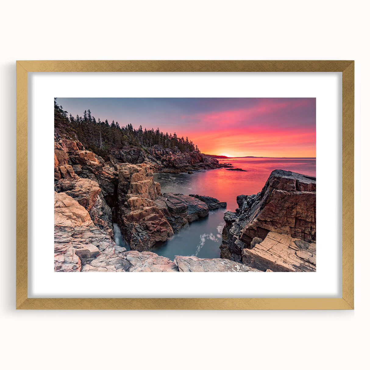 Colorful abstract art print of Acadia, featuring vibrant shades and textured design on a large framed canvas.