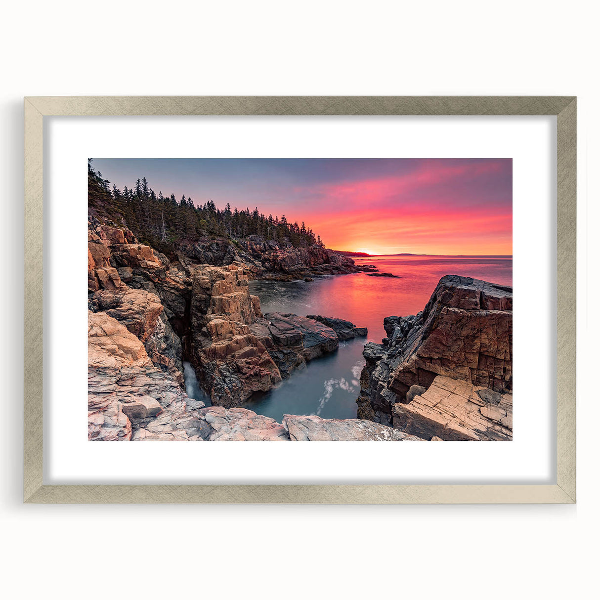 Textured abstract art print of Acadia, Maine, in muted earth tones on a framed silver mat, ideal for bedroom art.