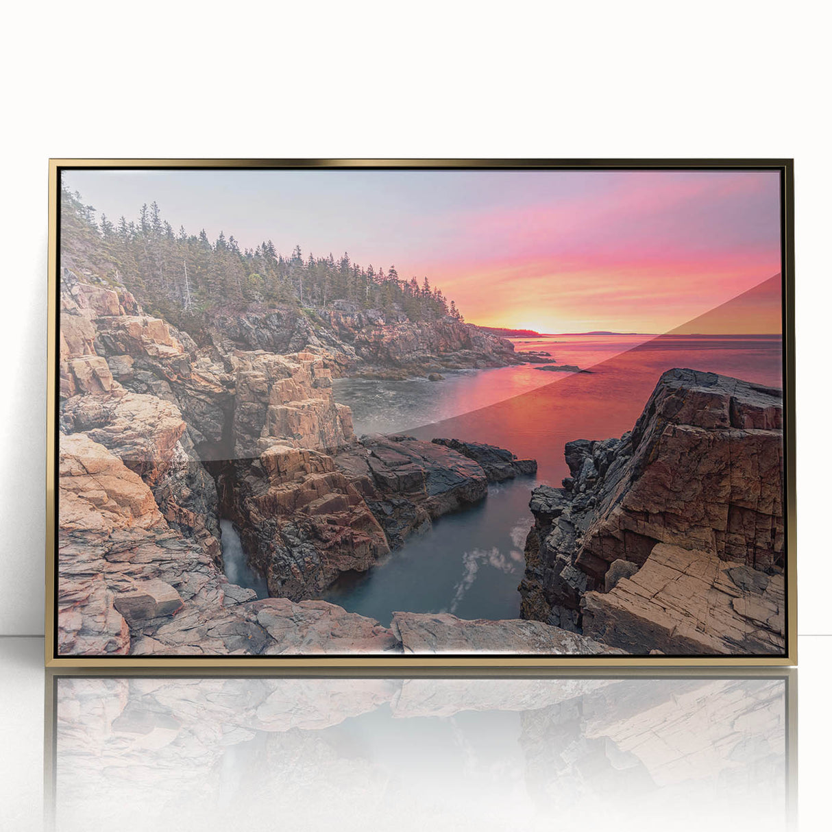 Framed acrylic print of Acadia National Park in Maine, featuring a mid-century modernist style with muted earth tones.
