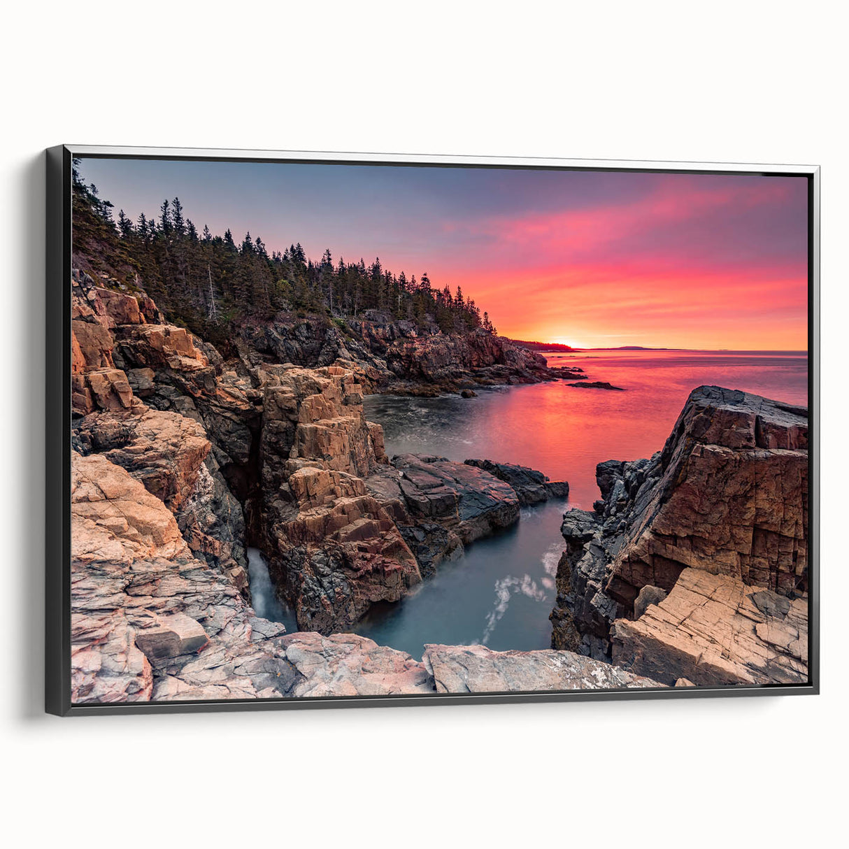 Black and white landscape art painting of Acadia, Maine on framed canvas, ideal for bedroom wall decor.