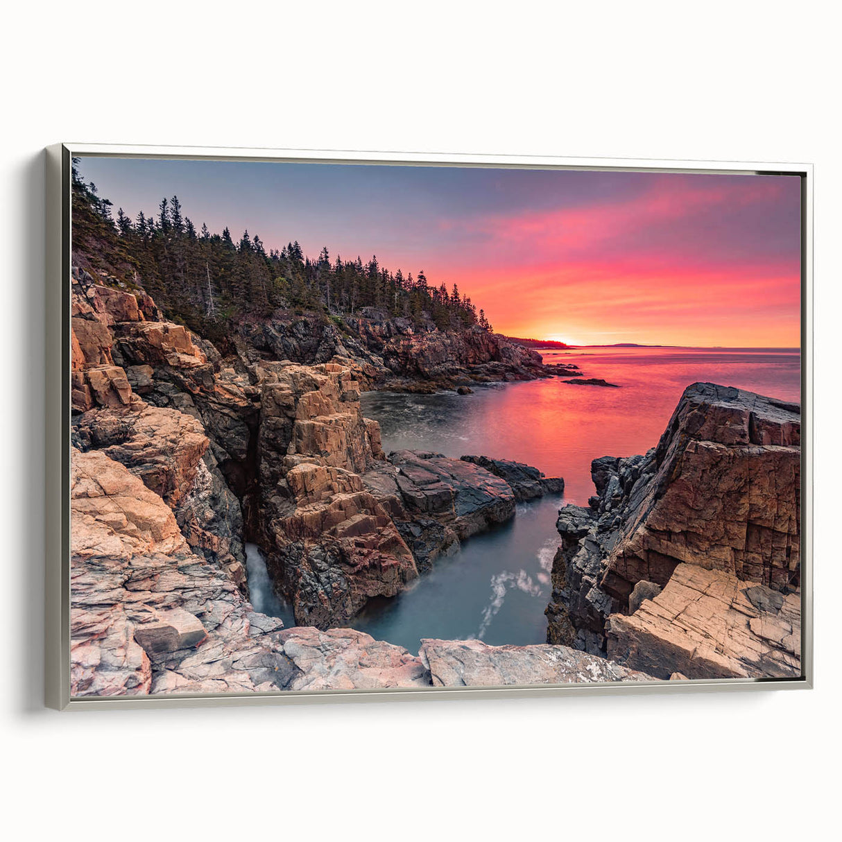 Framed canvas depicting a vintage-style landscape of Acadia, Maine, with muted earth tones and black borders.