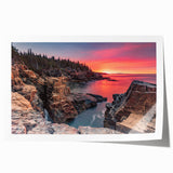 Rolled print of Acadia National Park with lush greenery and serene lake, in muted earth tones.