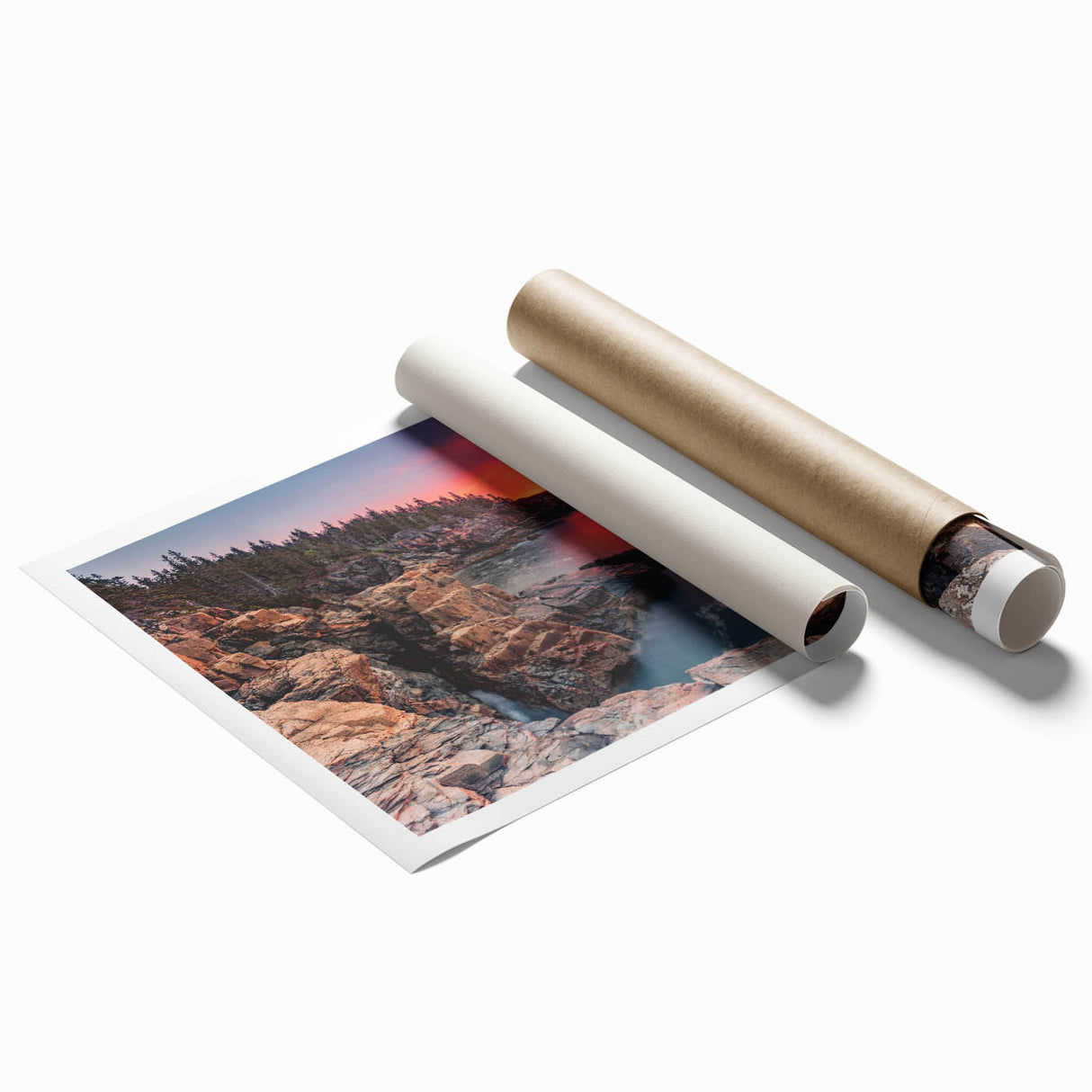 Extra large rolled print of Acadia's coastal scenery in soft blue and green tones, suitable for classy bathroom wall art.