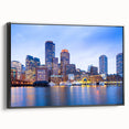 Framed canvas featuring a black and white vintage poster of the Boston landscape, ideal for bedroom decor.