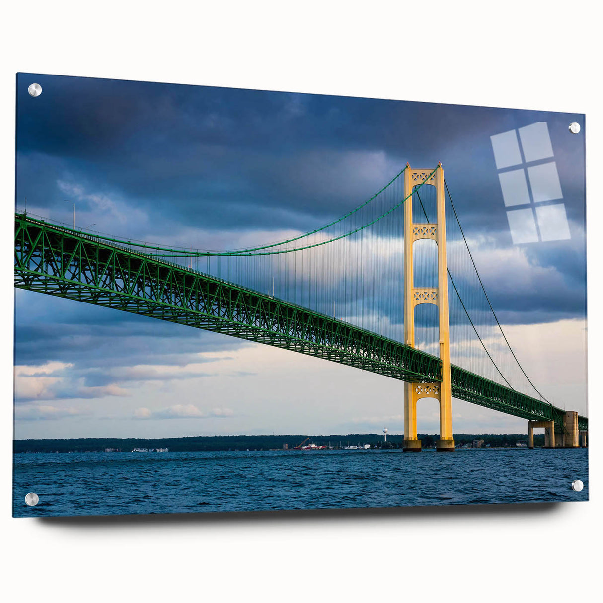 Acrylic print of a serene Michigan Upper Peninsula landscape in muted green and blue tones.