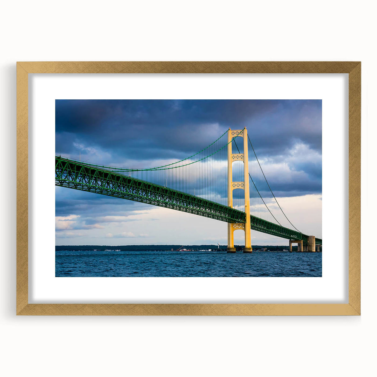 Extra large abstract art print of Michigan's Upper Peninsula in muted earth tones on a gold-framed canvas.