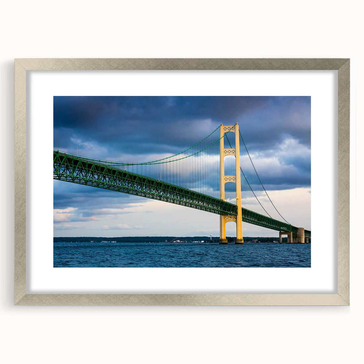 Textured art depicting abstract Michigan Upper Peninsula in muted earth tones on a framed silver mat.