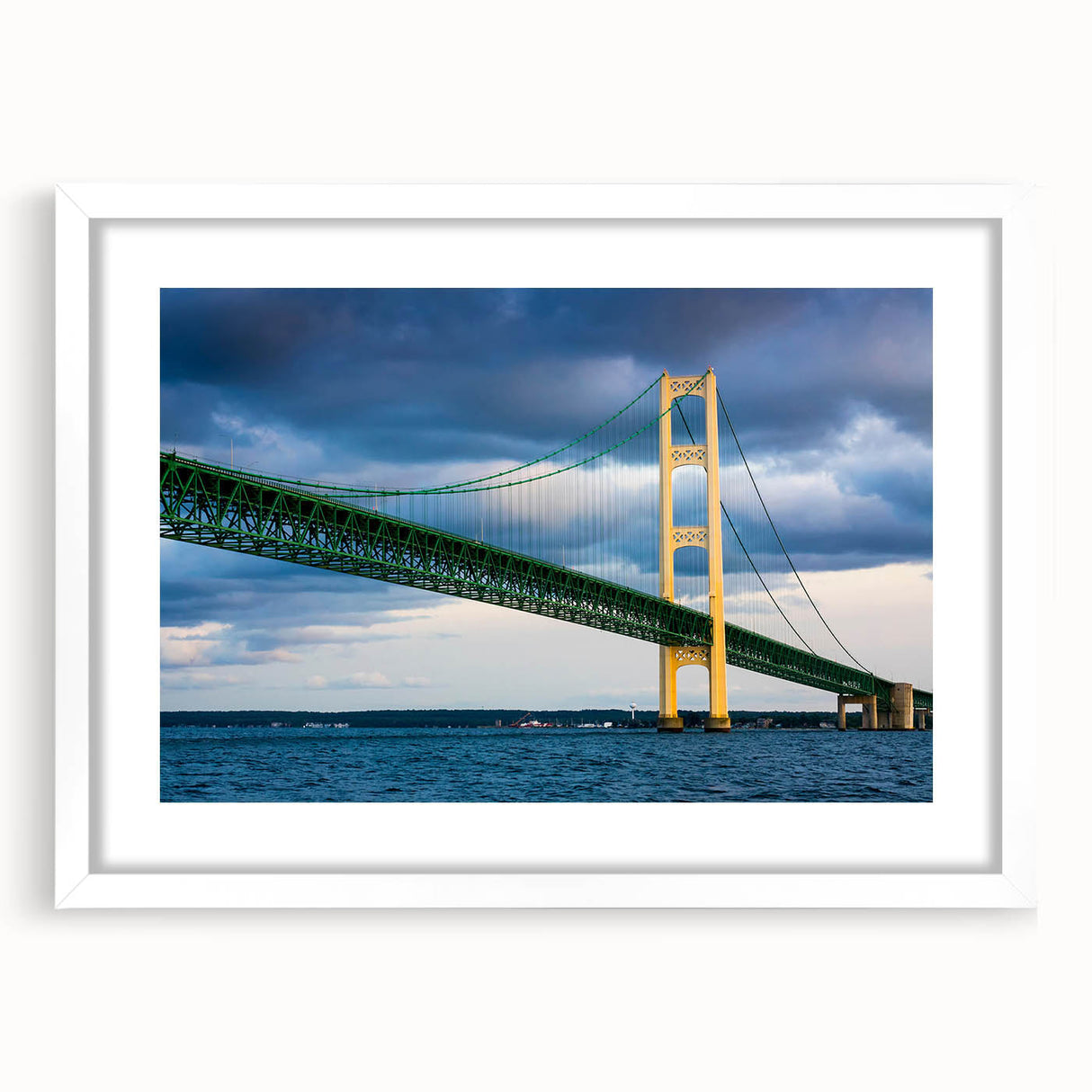 Abstract art print of Michigan's Upper Peninsula in muted earth tones on a white framed mat, suitable for dining room decor.