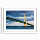 Abstract art print of Michigan's Upper Peninsula in muted earth tones on a white framed mat, suitable for dining room decor.