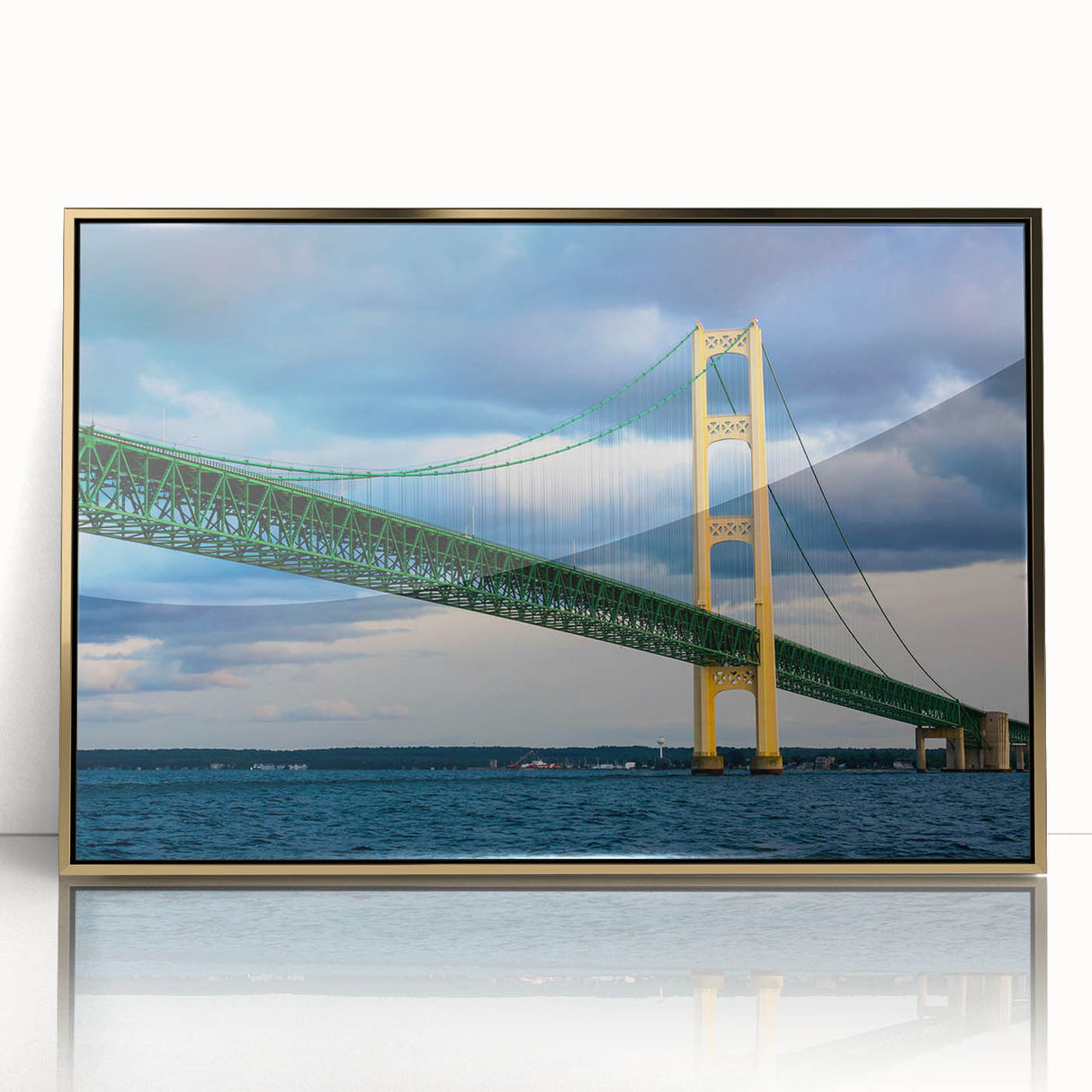 Large art print of Michigan's Upper Peninsula in mid-century modernist style, framed in gold acrylic.
