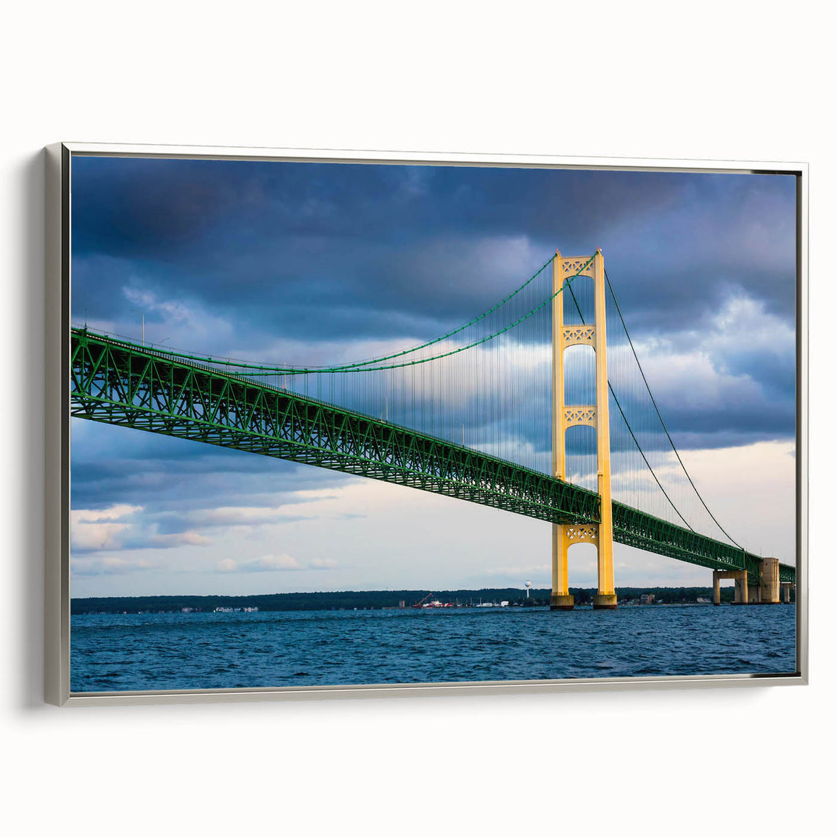 Framed canvas featuring a vintage-style landscape painting of Michigan's Upper Peninsula in muted earth tones.