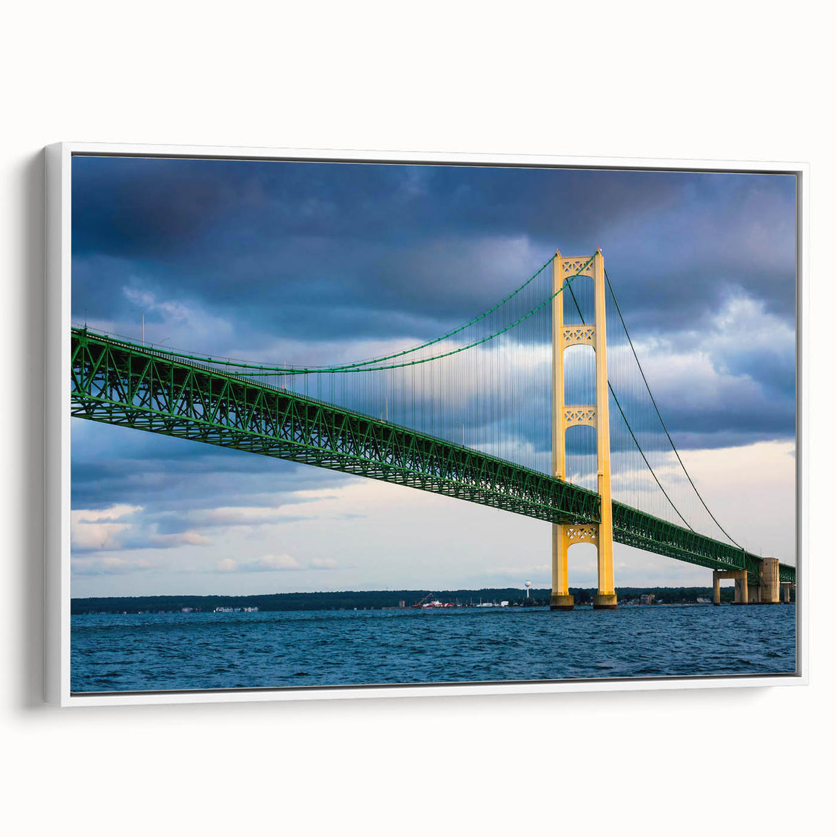Framed canvas of vintage poster art depicting Michigan's Upper Peninsula, featuring a vibrant color palette.