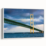 Framed canvas of vintage poster art depicting Michigan's Upper Peninsula, featuring a vibrant color palette.