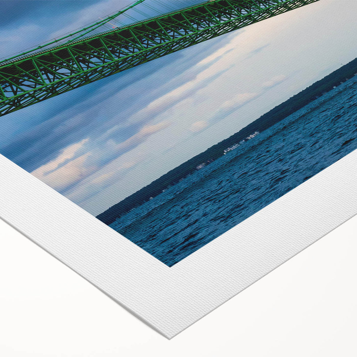 Art deco poster of Michigan's Upper Peninsula in muted green and blue tones on rolled canvas.