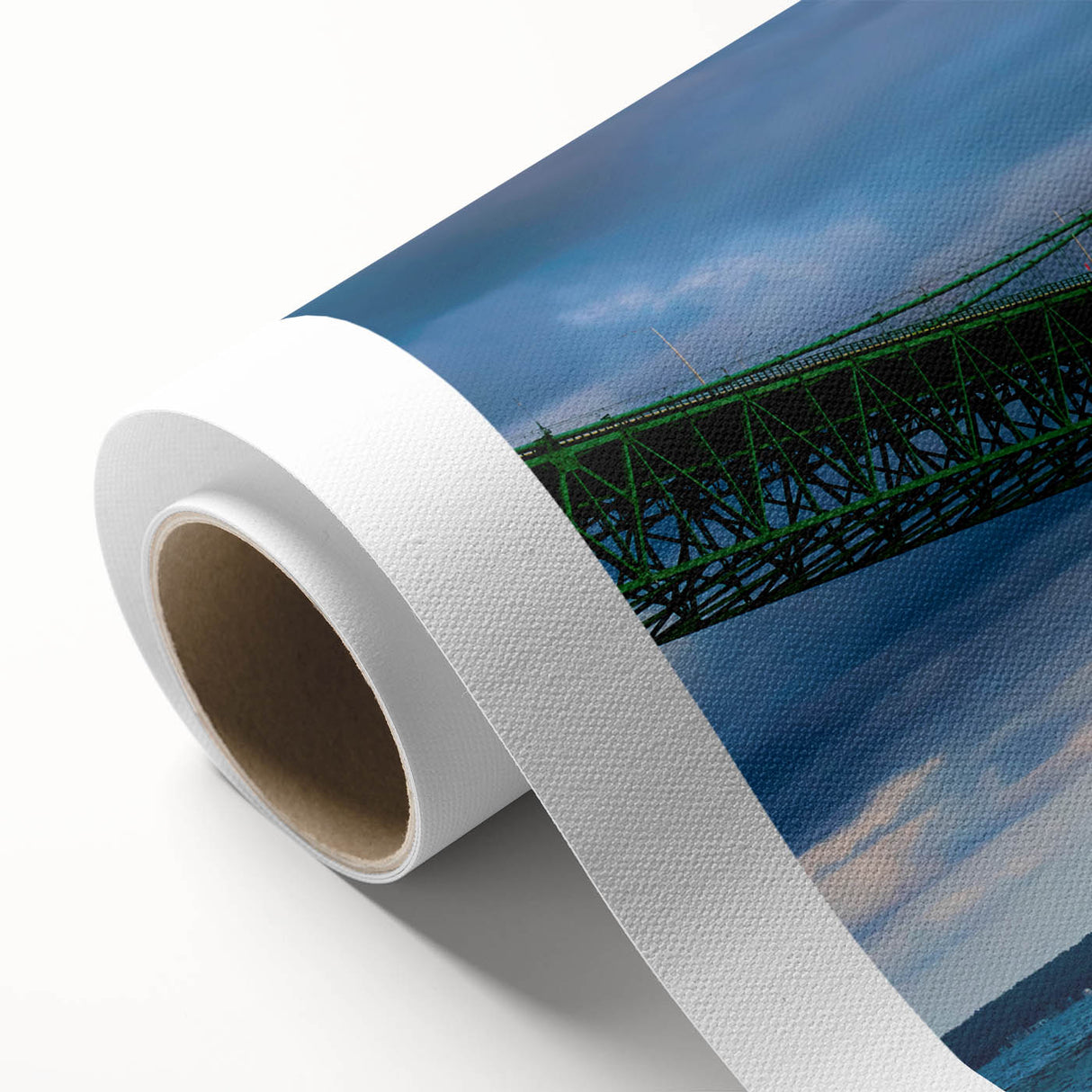 Art Deco poster of Michigan's Upper Peninsula in muted green and blue tones on rolled canvas, ideal for nursery wall art.