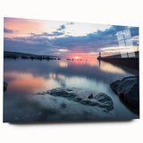 Large abstract wall art of a Minnesota landscape in muted blues and greens on acrylic glass.