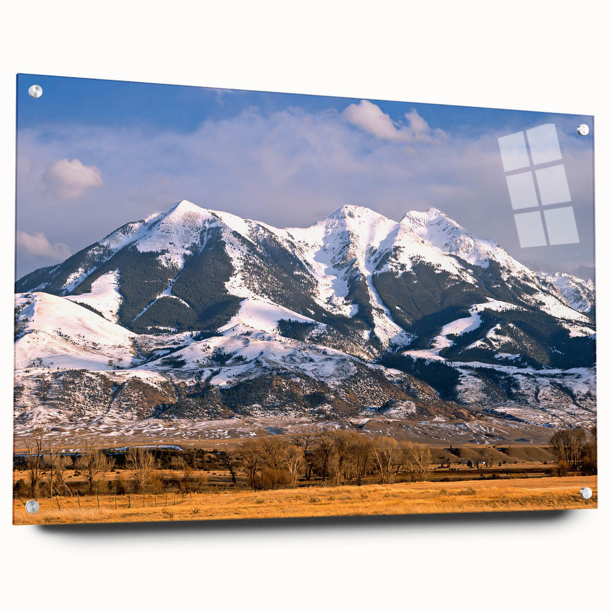 Large abstract wall art depicting a Montana landscape in muted earth tones on acrylic glass.
