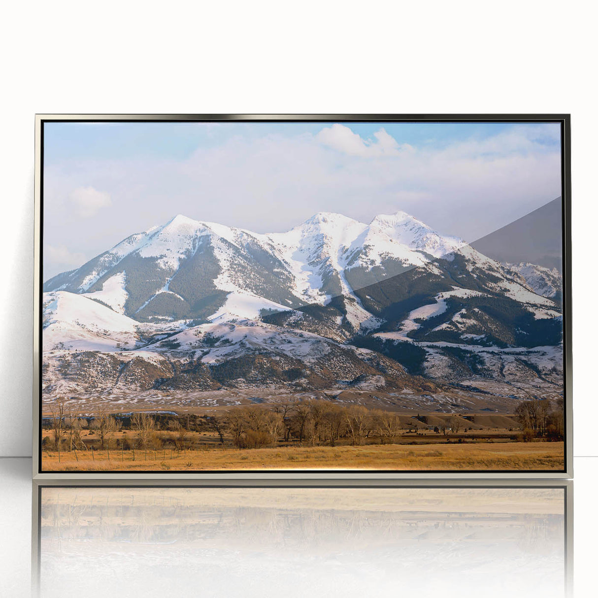 Mid-century modernist art depicting Montana scenery in muted earth tones on a framed acrylic print.