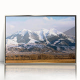 Mid-century modernist art depicting Montana scenery in muted earth tones on a framed acrylic print.