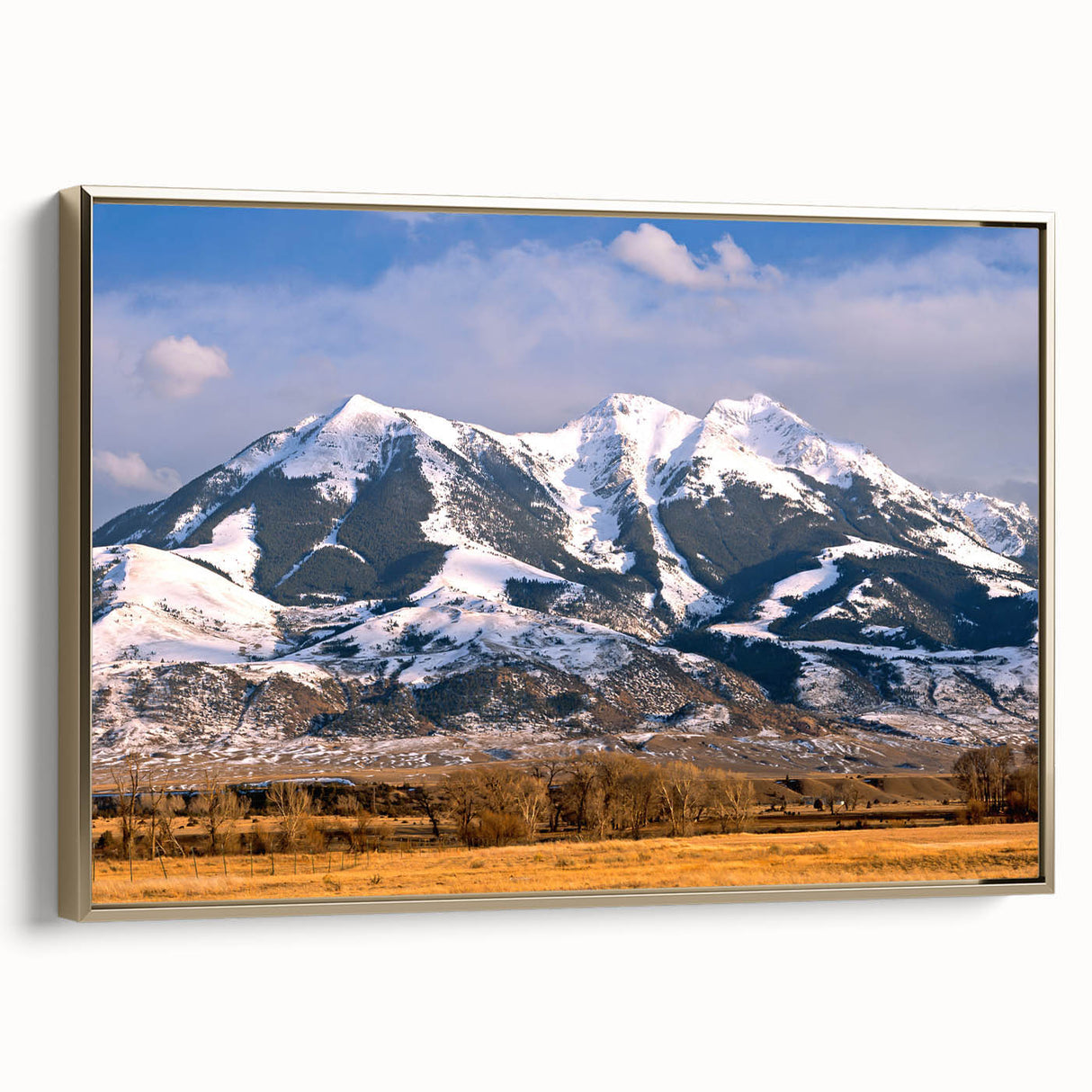 Framed canvas depicting a vintage-style Montana landscape in black and gold tones, ideal for bedroom wall art.