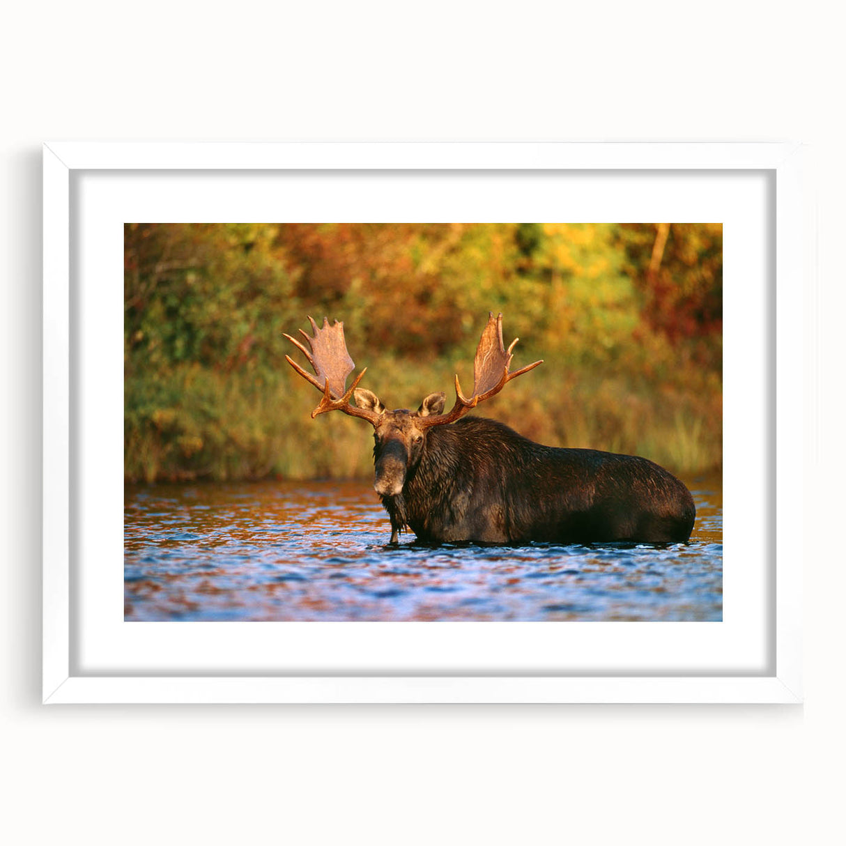 Abstract art print of New Hampshire scenery in muted earth tones, framed with a white mat, suitable for dining room decor.