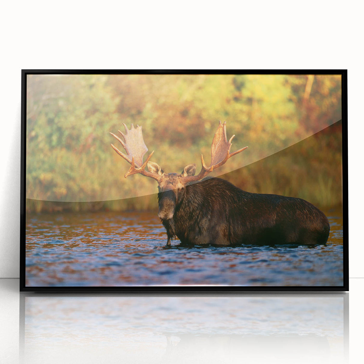 Large abstract wall art depicting a serene New Hampshire landscape in muted greens and blues, framed in black acrylic.