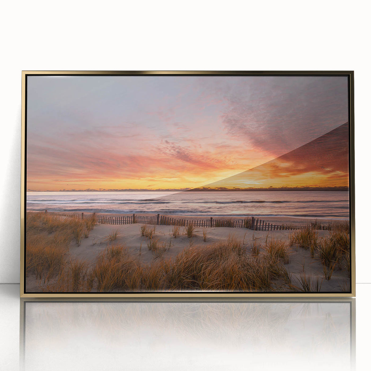 Large art print of a New Jersey scenery in mid-century modernist style, framed in gold acrylic.
