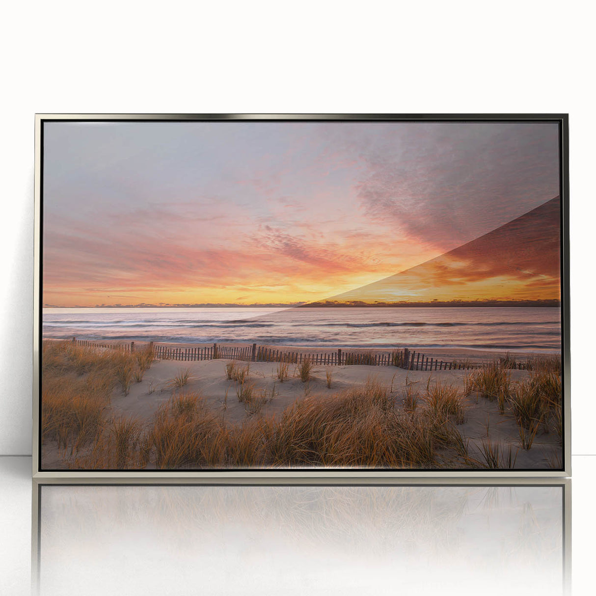 Mid-century modernist art depicting New Jersey scenery in muted gray and silver tones on a framed acrylic.