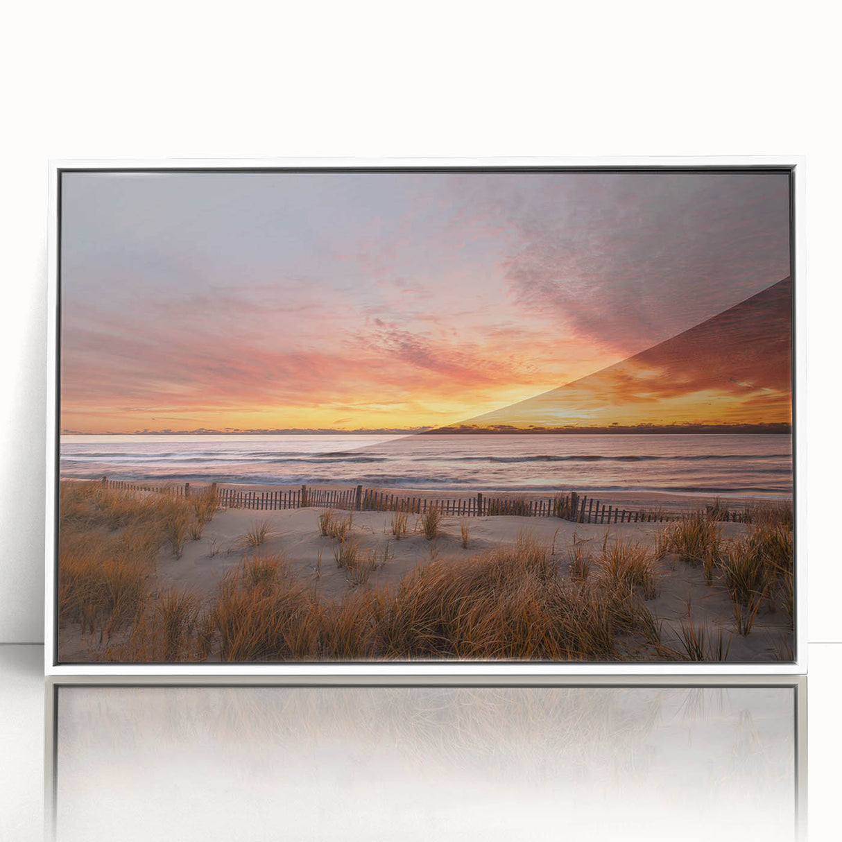 Art deco poster of New Jersey scenery on white framed acrylic, featuring muted earth tones.