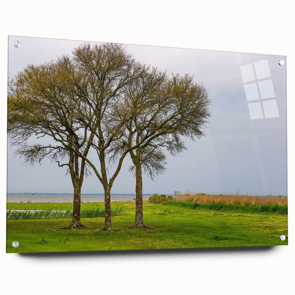 Acrylic print of a large abstract depiction of North Carolina's Outer Banks, with cool blue and green tones.