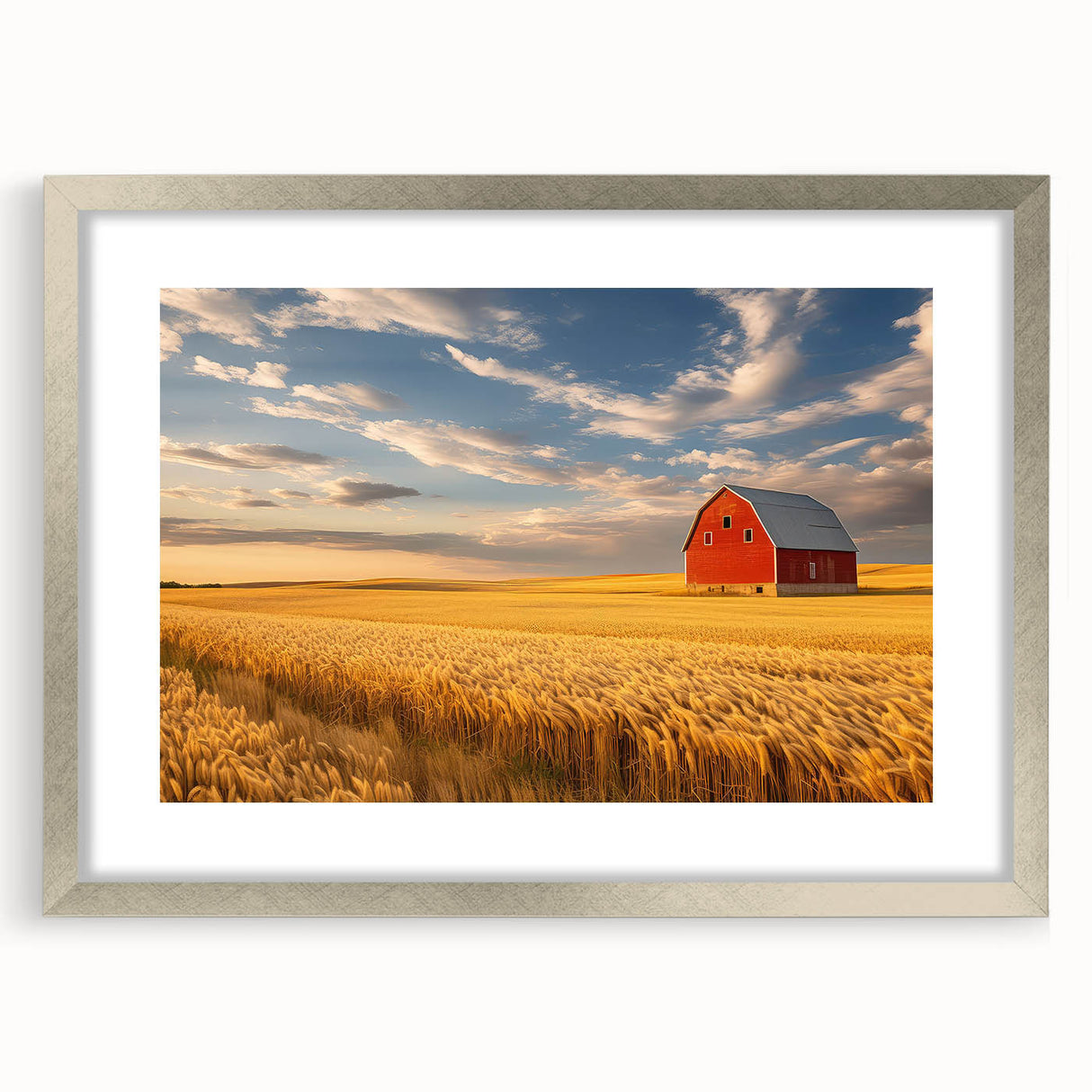 Textured abstract art print depicting a serene North Dakota landscape in muted earth tones, framed in silver.