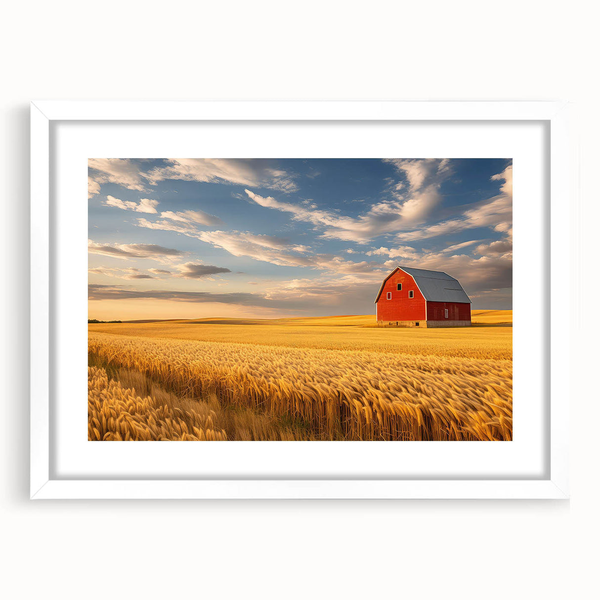 Abstract art print of North Dakota scenery in muted earth tones, framed with a white mat.