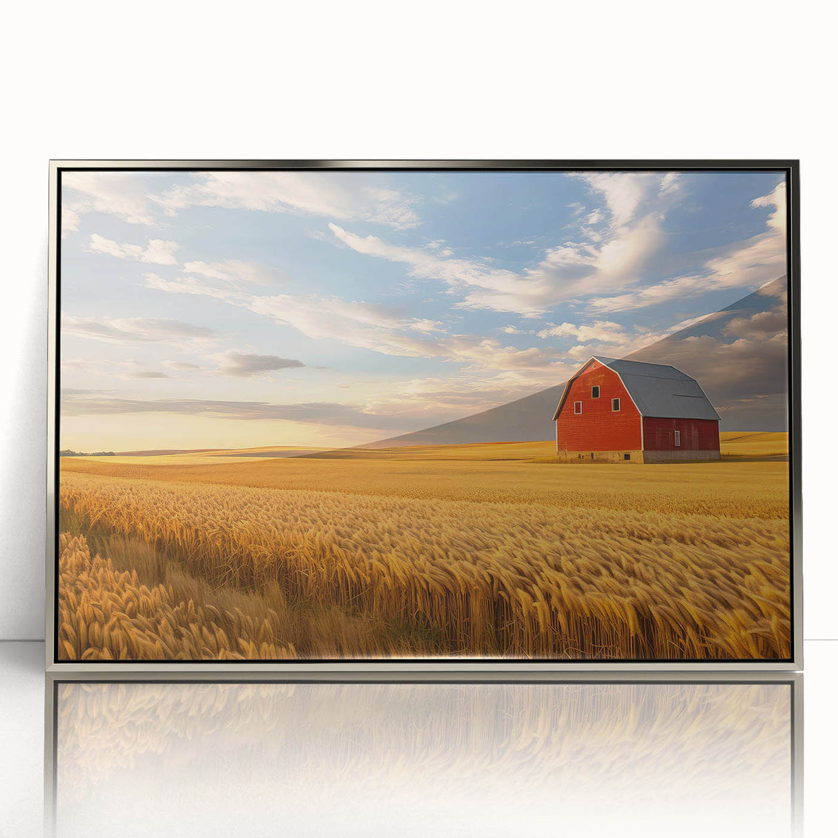 Mid-century modernist art depicting North Dakota scenery in muted earth tones on a silver-framed acrylic print.
