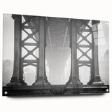 Acrylic print of the Brooklyn Bridge in muted gray tones, ideal for modern bedroom or dining room decor.