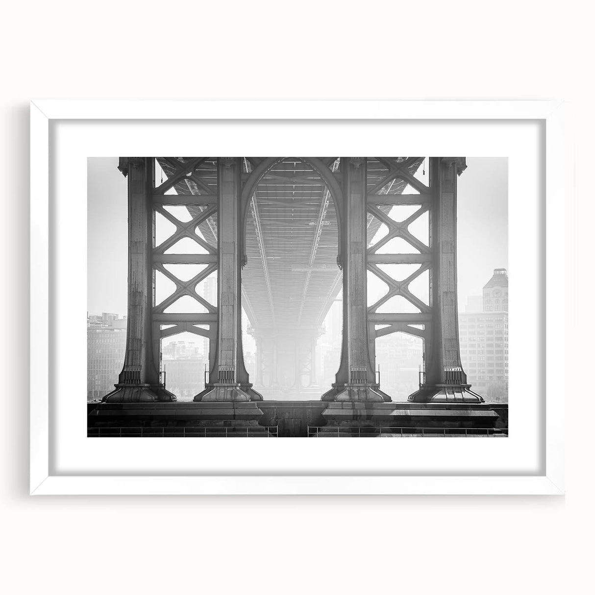Abstract art print of the Brooklyn Bridge in muted gray and blue tones on a framed poster, suitable for dining room decor.