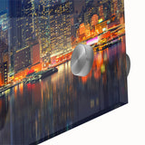 Large abstract depiction of Manhattan skyline in muted gray and blue tones on acrylic glass, ideal for dining room art.